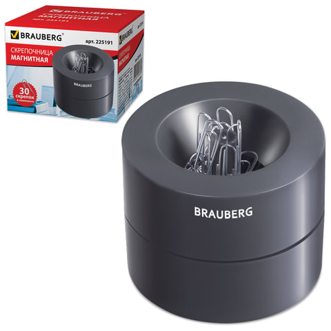 

Скрепочница магнитная BRAUBERG с 30 скрепками, большой бочонок, черная, 373