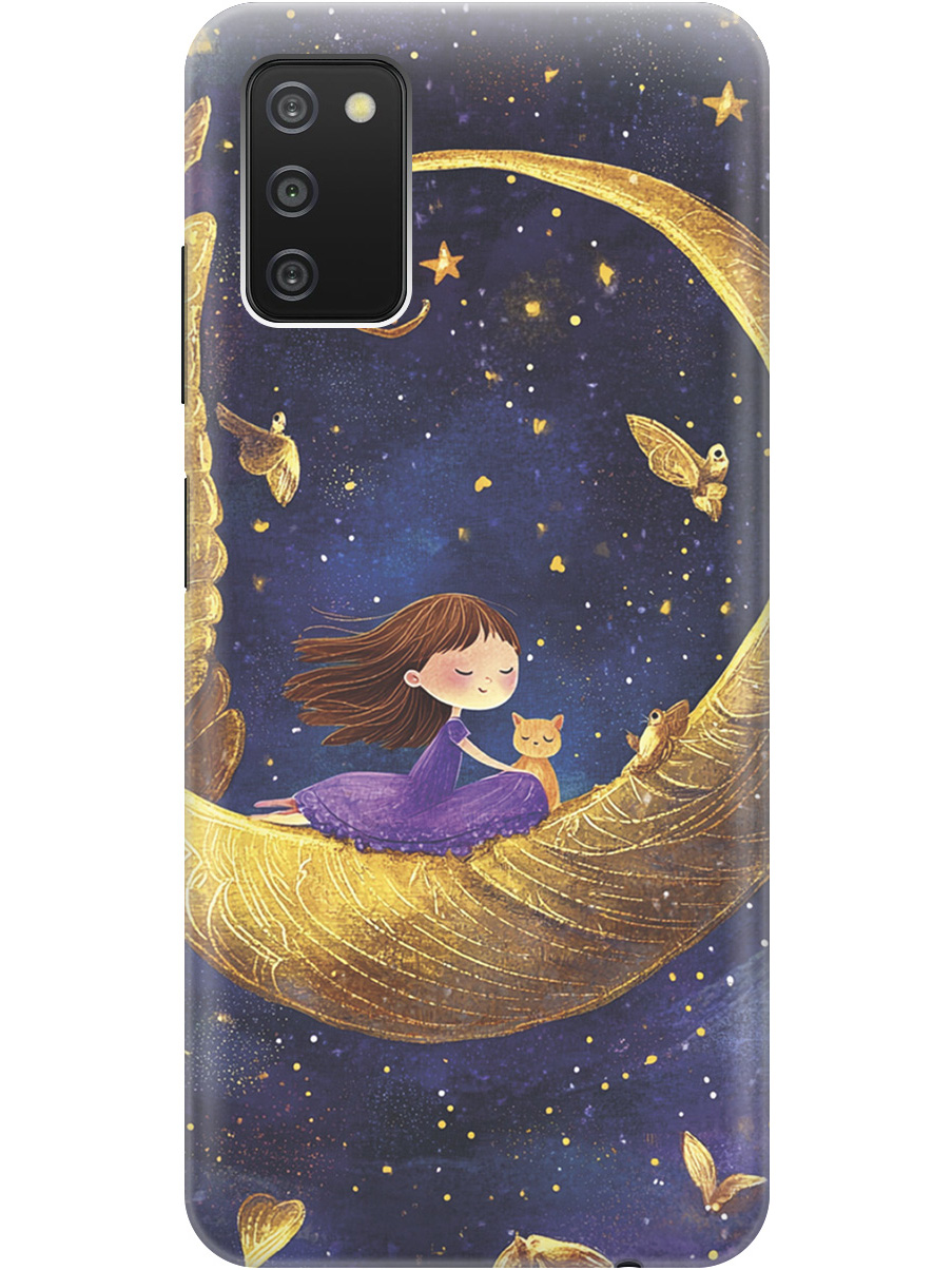 

Силиконовый чехол на Samsung Galaxy A03s с принтом "Девочка и месяц", Прозрачный;золотистый;черный, 732241172