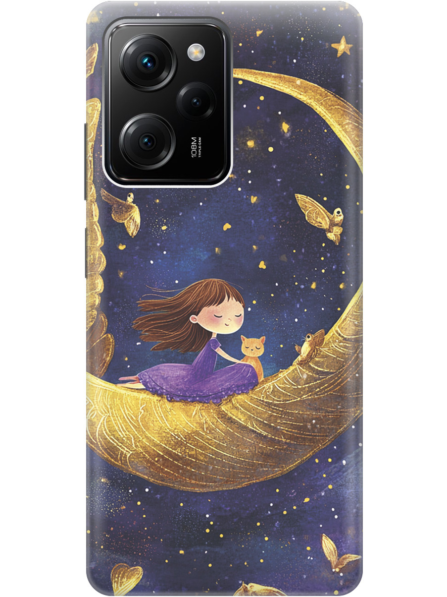 

Силиконовый чехол на Xiaomi Poco X5 Pro 5G с принтом "Девочка и месяц", Прозрачный;золотистый;черный, 767959772