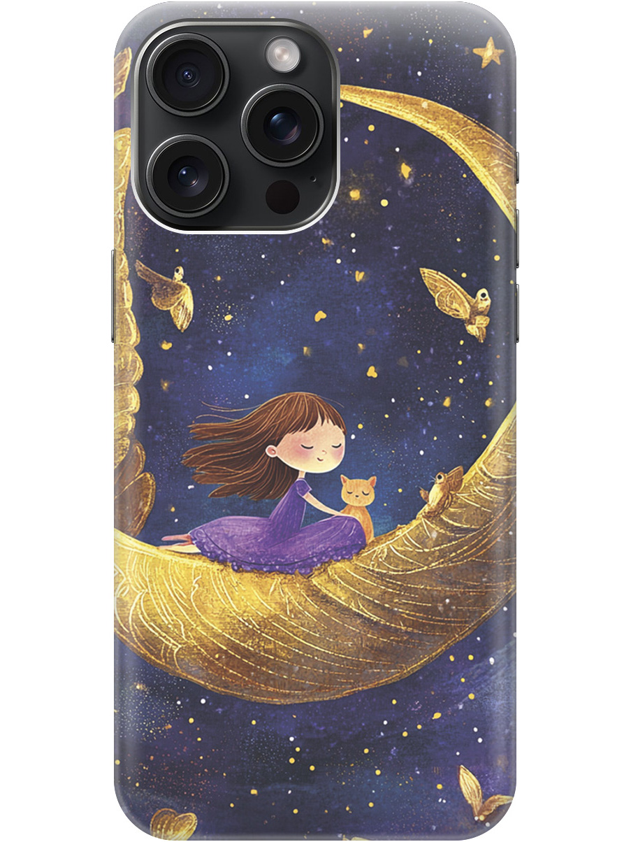 

Силиконовый чехол на Apple iPhone 15 Pro Max с принтом "Девочка и месяц", Прозрачный;золотистый;черный, 775148172