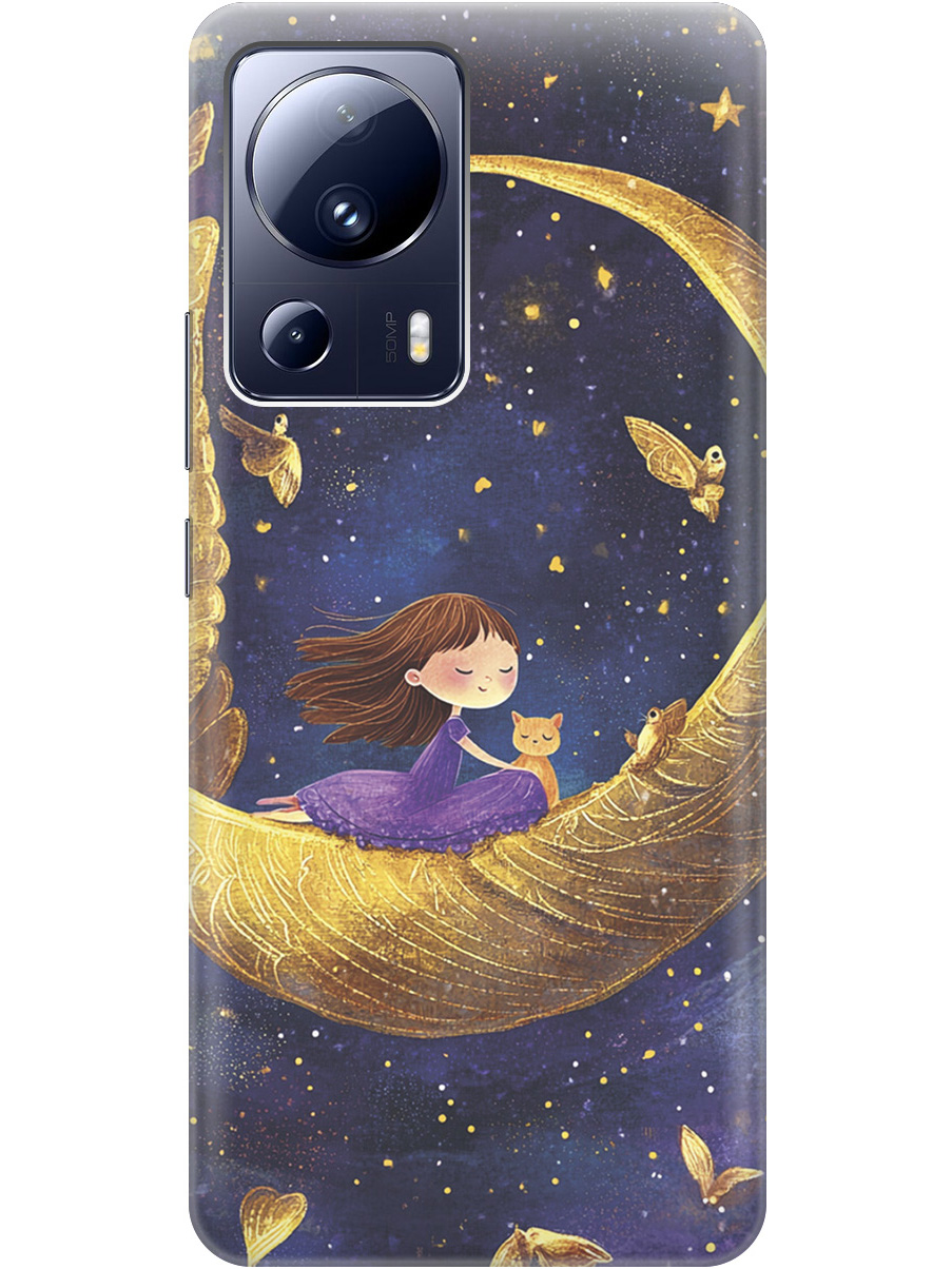 

Силиконовый чехол на Xiaomi 13 Lite с принтом "Девочка и месяц", Прозрачный;золотистый;черный, 768741272
