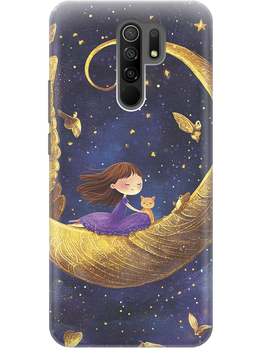 

Силиконовый чехол на Xiaomi Redmi 9 с принтом "Девочка и месяц", Прозрачный;золотистый;черный, 723276772