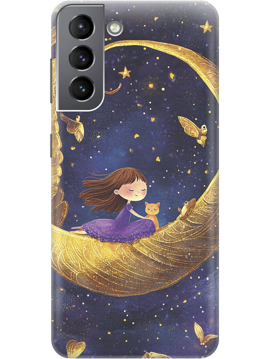 

Силиконовый чехол на Samsung Galaxy S21 FE 5G с принтом "Девочка и месяц", Прозрачный;золотистый;черный, 734543472