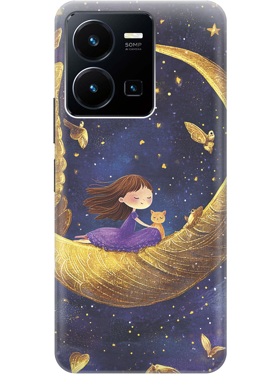 

Силиконовый чехол на Vivo Y35 с принтом "Девочка и месяц", Прозрачный;золотистый;черный, 743695072