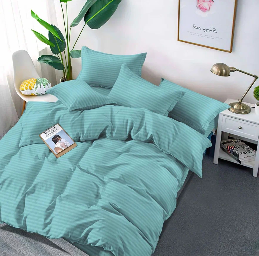 

Постельное бельё Maktex из страйп сатина 2 спальное Аква 1х1, Страйп-сатин 2 спальный на резинке 160х200х30 Аква