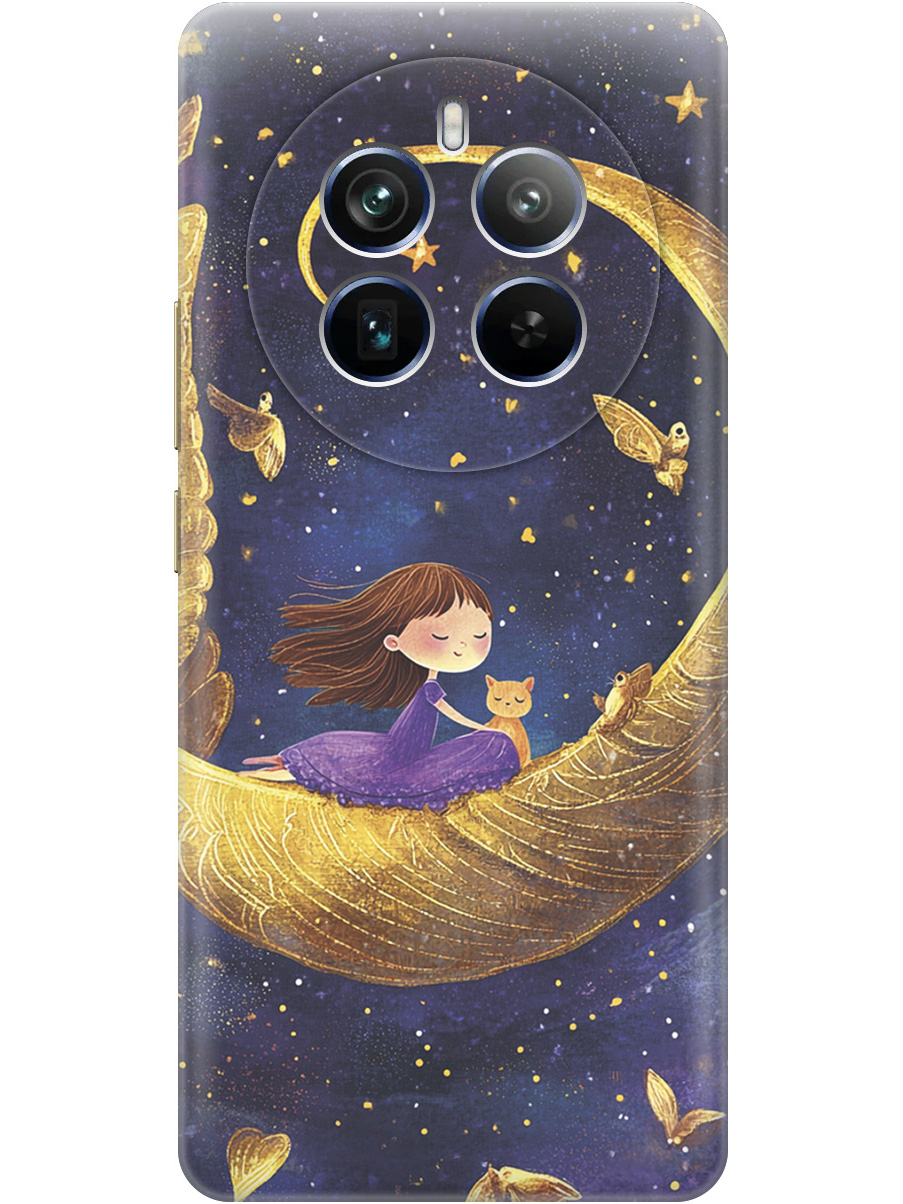 

Силиконовый чехол на Realme 12 Pro 5g / 12 Pro+ 5g с принтом "Девочка и месяц", Прозрачный;золотистый;черный, 782631872