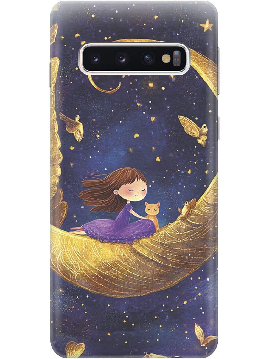 

Силиконовый чехол на Samsung Galaxy S10 с принтом "Девочка и месяц", Прозрачный;золотистый;черный, 720461372