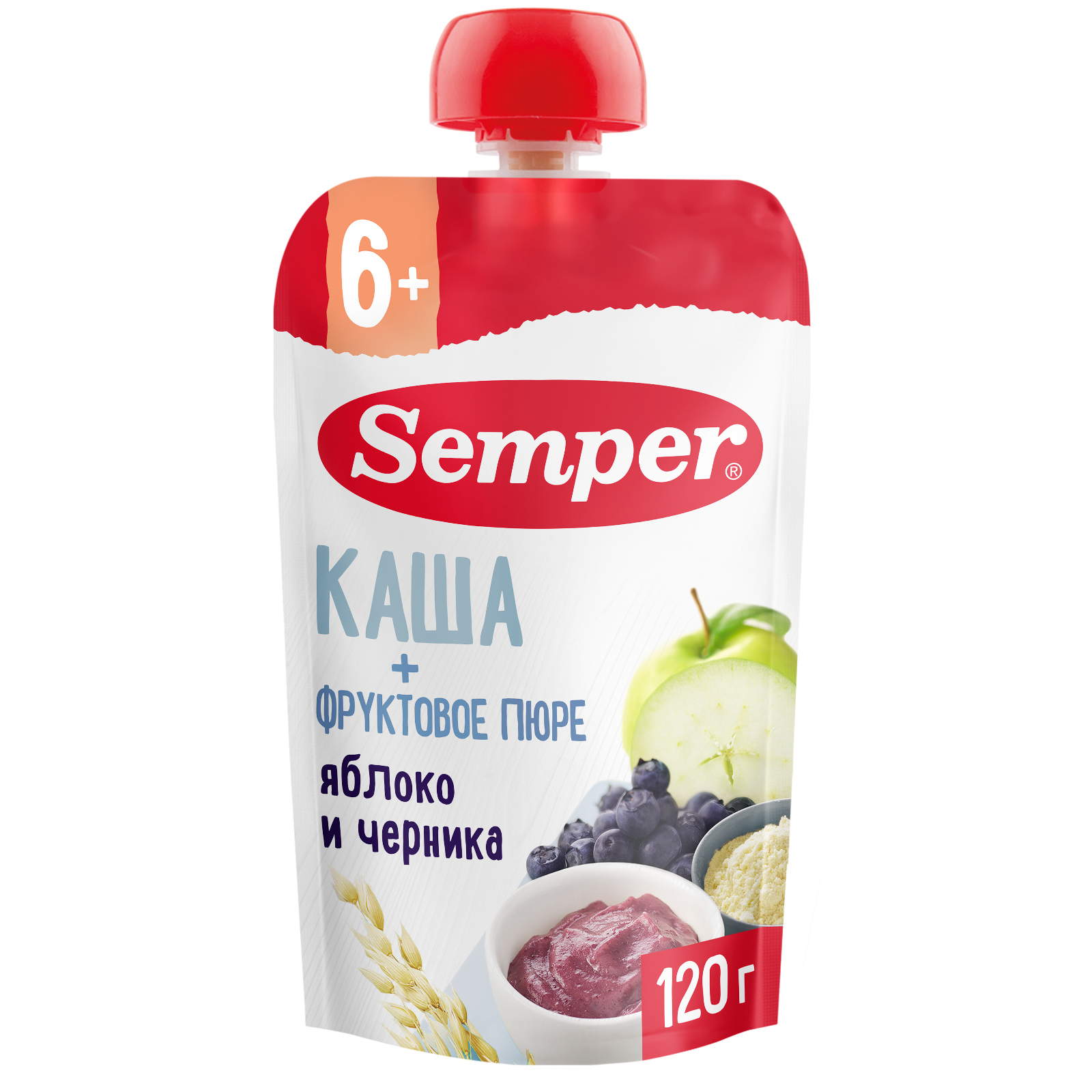 Пюре Semper Яблоко с черникой и кашей, 120 г, с 6 месяцев 1 шт.