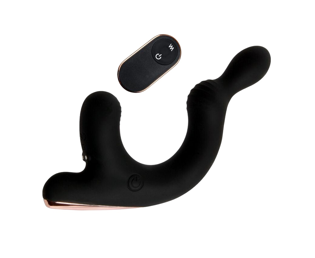 Черный анальный вибромассажёр с отростком для стимуляции мошонки - 18 см.
