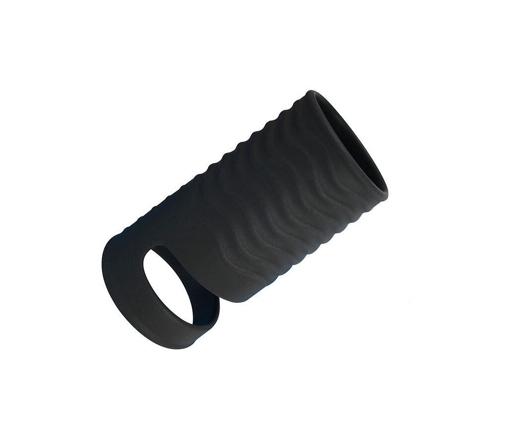 Черная открытая насадка на пенис с кольцом для мошонки L-size - 8,5 см.