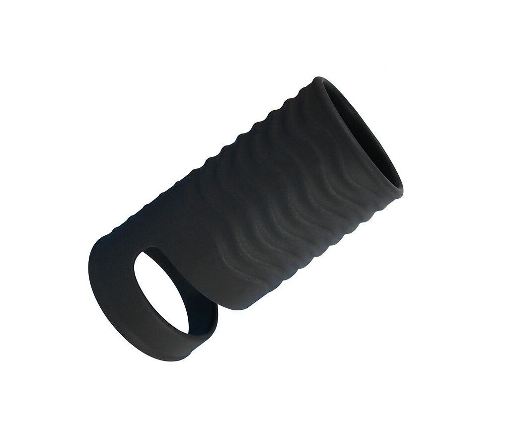 Черная открытая насадка на пенис с кольцом для мошонки XXL-size - 9,4 см.