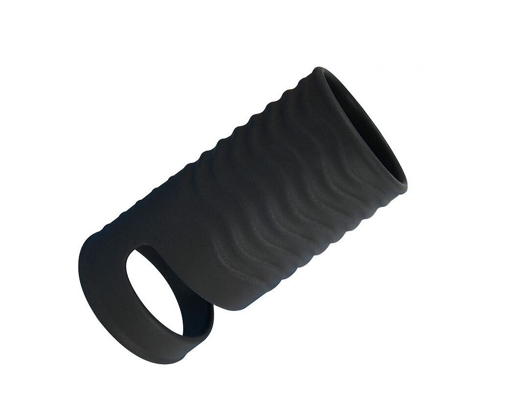 Черная открытая насадка на пенис с кольцом для мошонки XXXL-size - 9,9 см.