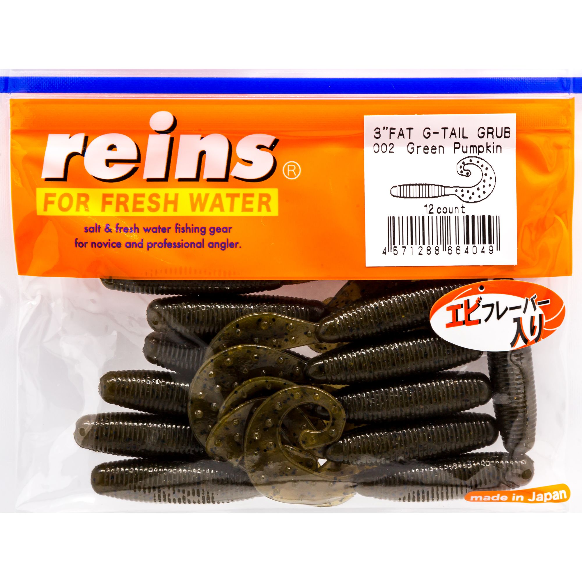 

Силиконовая приманка Reins Fat Gtail Grub 75 мм цвет 002 Green Pumpkin 12 шт, Fat Gtail Grub