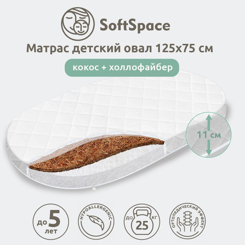 Матрас детский в кроватку SoftSpace со съемным чехлом холлофайбер кокос 125х75 см