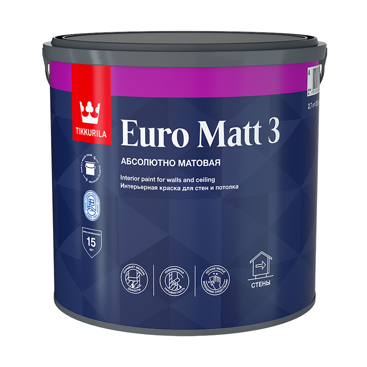 Краска интерьерная Euro Matt-3 (Евро-3) TIKKURILA 2,7л бесцветный (база С) краска интерьерная euro matt 3 евро 3 tikkurila 9л бесцветный база с
