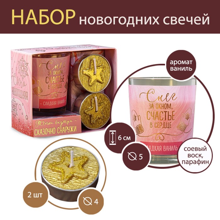 

Набор новогодних свечей Снег за окном, счастье в сердце, 11 х 5,6 х 9,8 см, Розовый тренд
