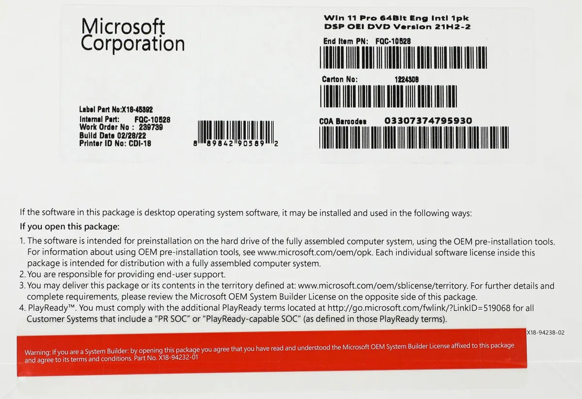 

Операционная система Microsoft Windows 11 Professional 64-bit Eng (FQC-10528), Windows 11 Professional 64-bit Eng