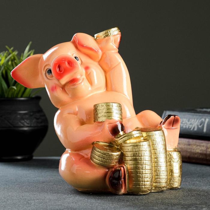 фото Копилка "свинка с монетами" 19х21х13см хорошие сувениры