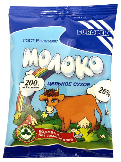 

Молоко 26% цельное сухое 200 мл Europek БЗМЖ