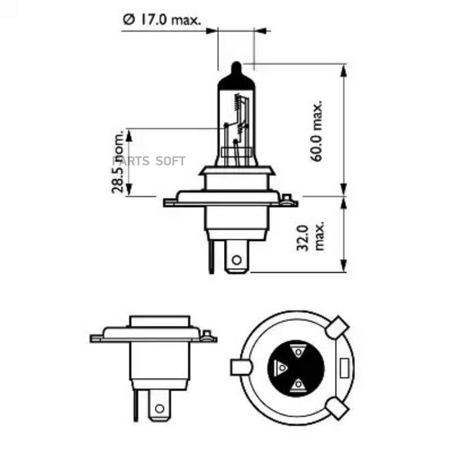 

Галогенная лампа Philips H4 (60/55W 12V) Vision 1шт 12342PRC1