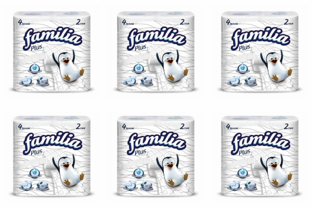 Туалетная бумага Familia Plus белая двухслойная, 4 шт, 6 упаковок