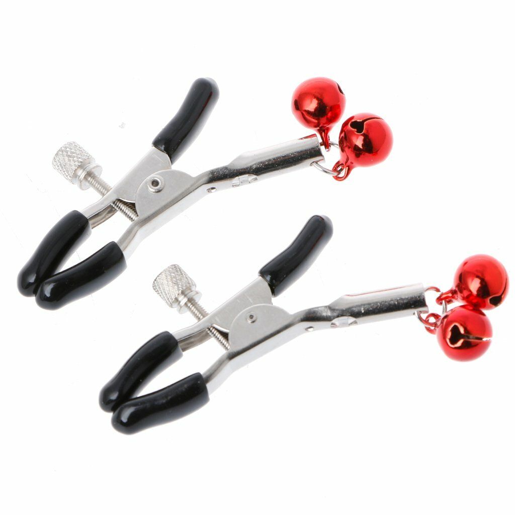 Зажимы для сосков KISSEXPO серебристо-черные с двойным бубенчиком красным