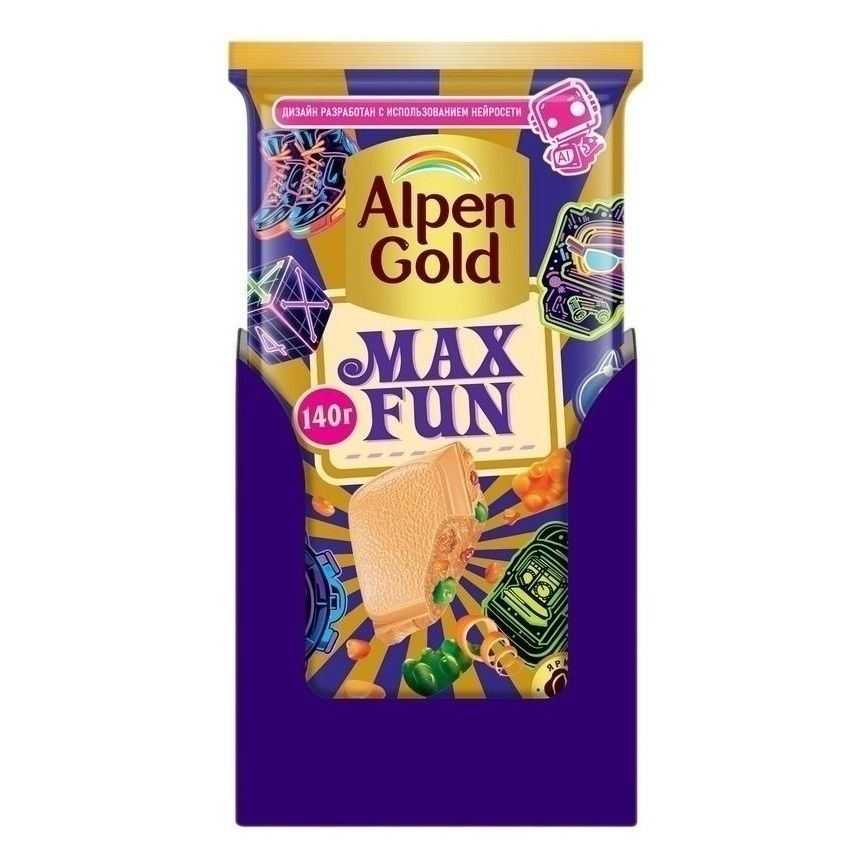 

Шоколад Alpen Gold молочный МaxFun белый с карамелью шоколадным драже мармеладом 140 г
