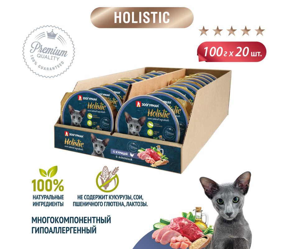 

Влажный корм для кошек Зоогурман Holistic Консервированный С курицей и ягненком, 20шт*100г, Holistic