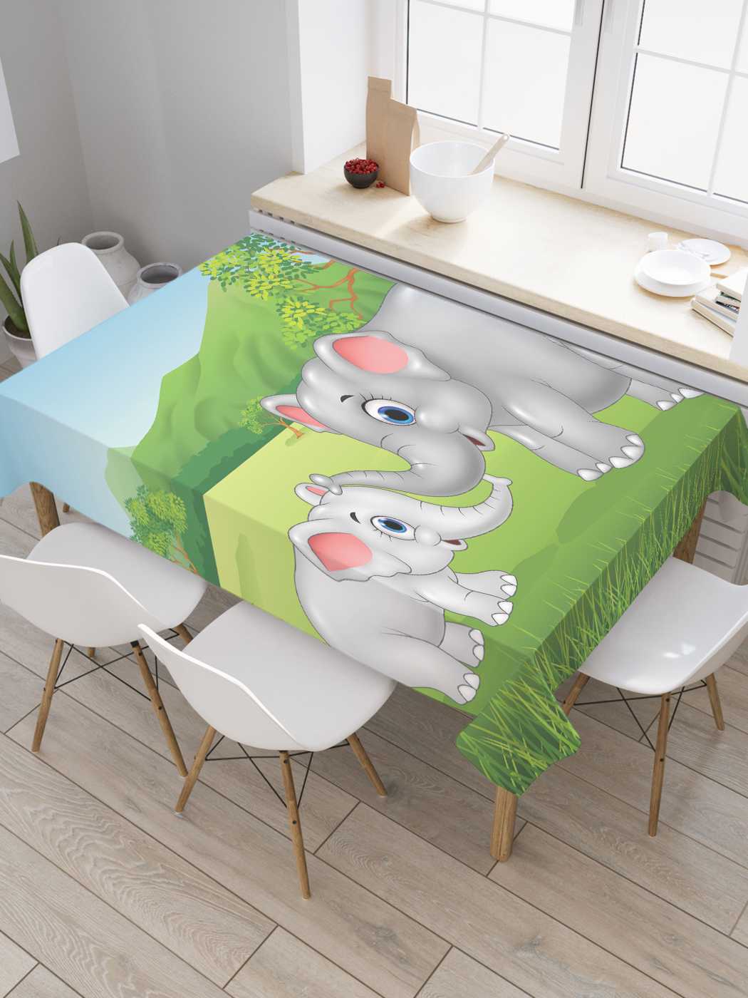 

Скатерть прямоугольная JoyArty "Слон и слоненок" из оксфорда, 180x145 см, Зеленый, Слон и слоненок