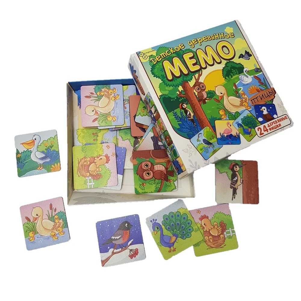 Настольная игра Нескучные игры Мемо Птицы 24 деревянные фишки деревянные карточки