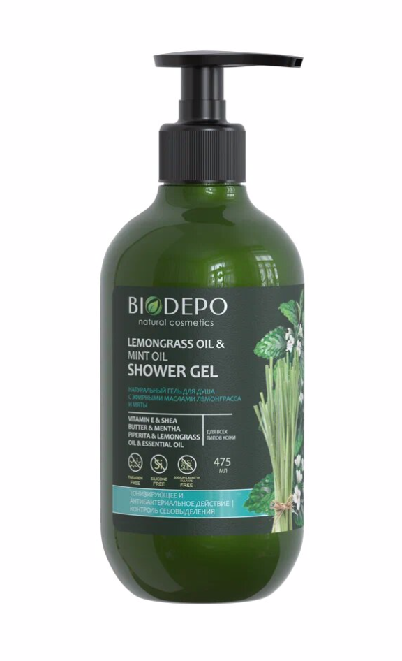 Купить Гель для душа Biodepo натуральный с эфирными маслами лемонграсса и мяты 475мл
