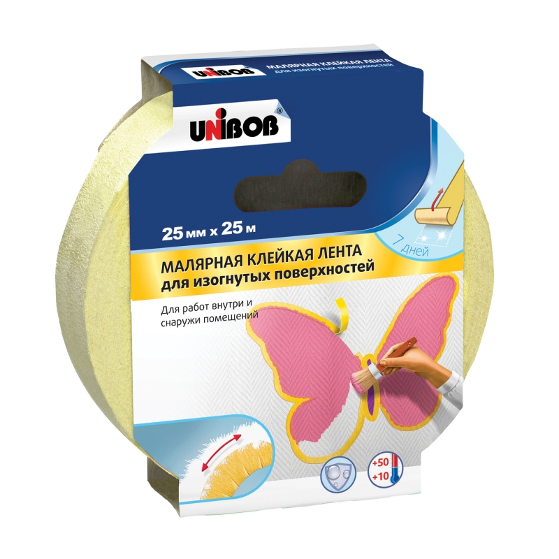 

Скотч малярный Unibob, для изогнутых поверхностей, 25 мм x 25 м, желтый