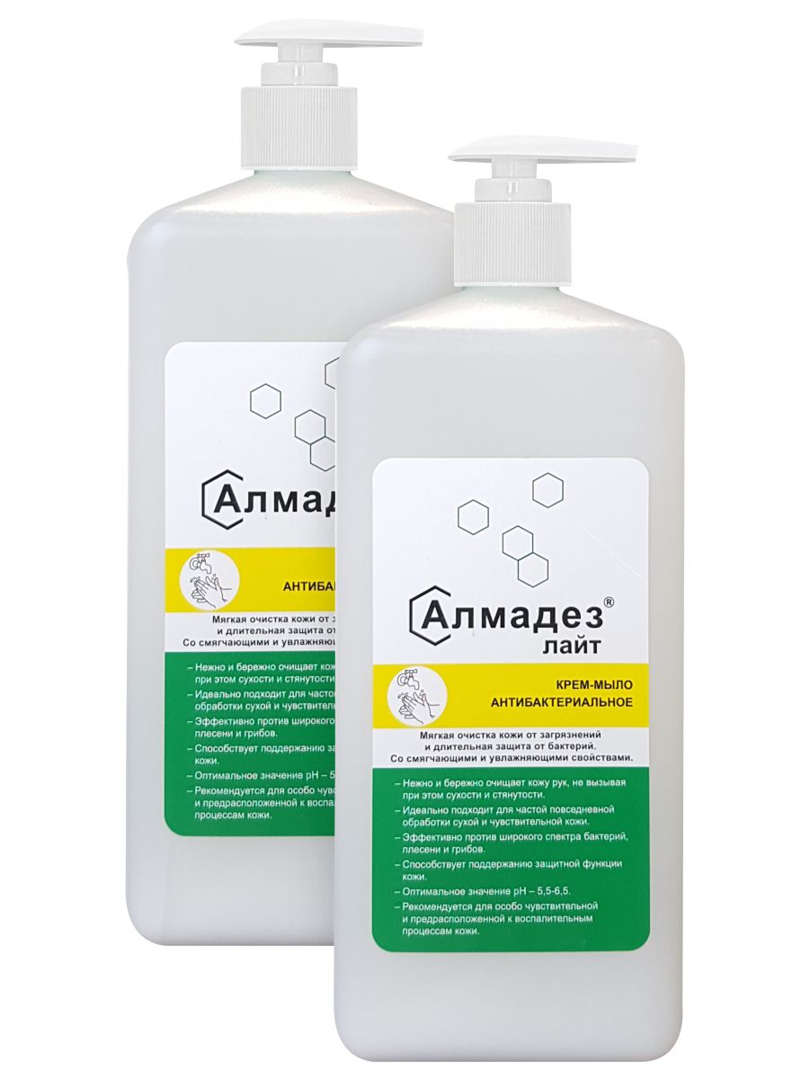 Комплект Антибактериальное жидкое мыло Алмадез Лайт 1 л с дозатором х 2 шт.