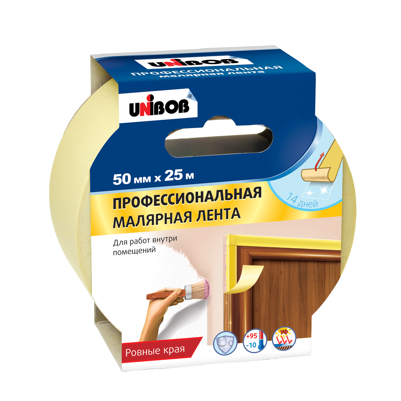 

Скотч малярный Unibob Профи 50 мм x 25 м для внутренних работ, желтый