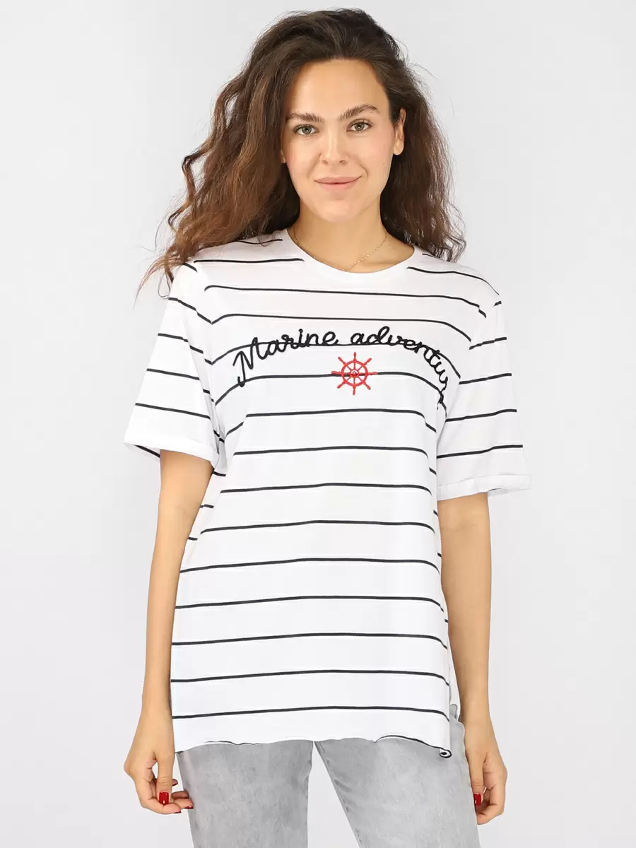 

Футболка женская JOGGY J7791 WOMEN T.SHIRT WH-NAVY синяя L, J7791 WOMEN T.SHIRT WH-NAVY