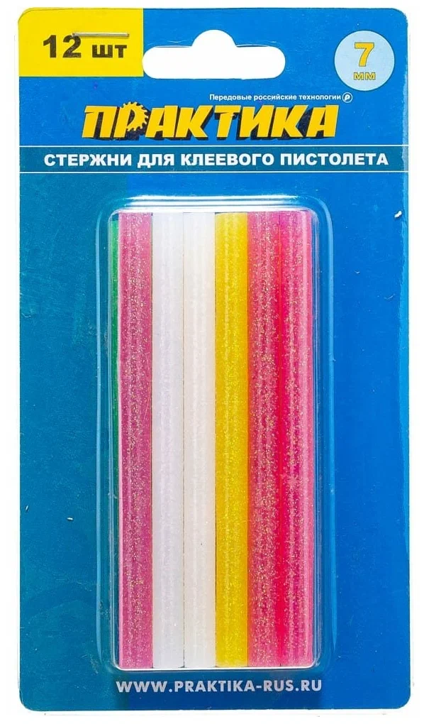 Стержни для клеевого пистолета 7х100мм, 12шт, ПРАКТИКА цветные, с блестками, блистер