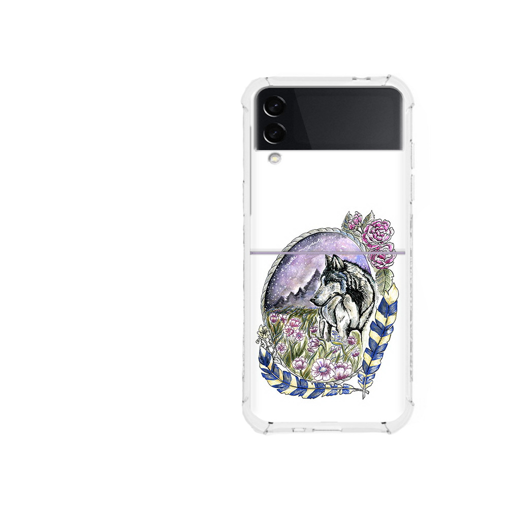 

Чехол MyPads Tocco для Samsung Galaxy Z Flip 3 нарисованный волк в цветах с перьями, Прозрачный, Tocco