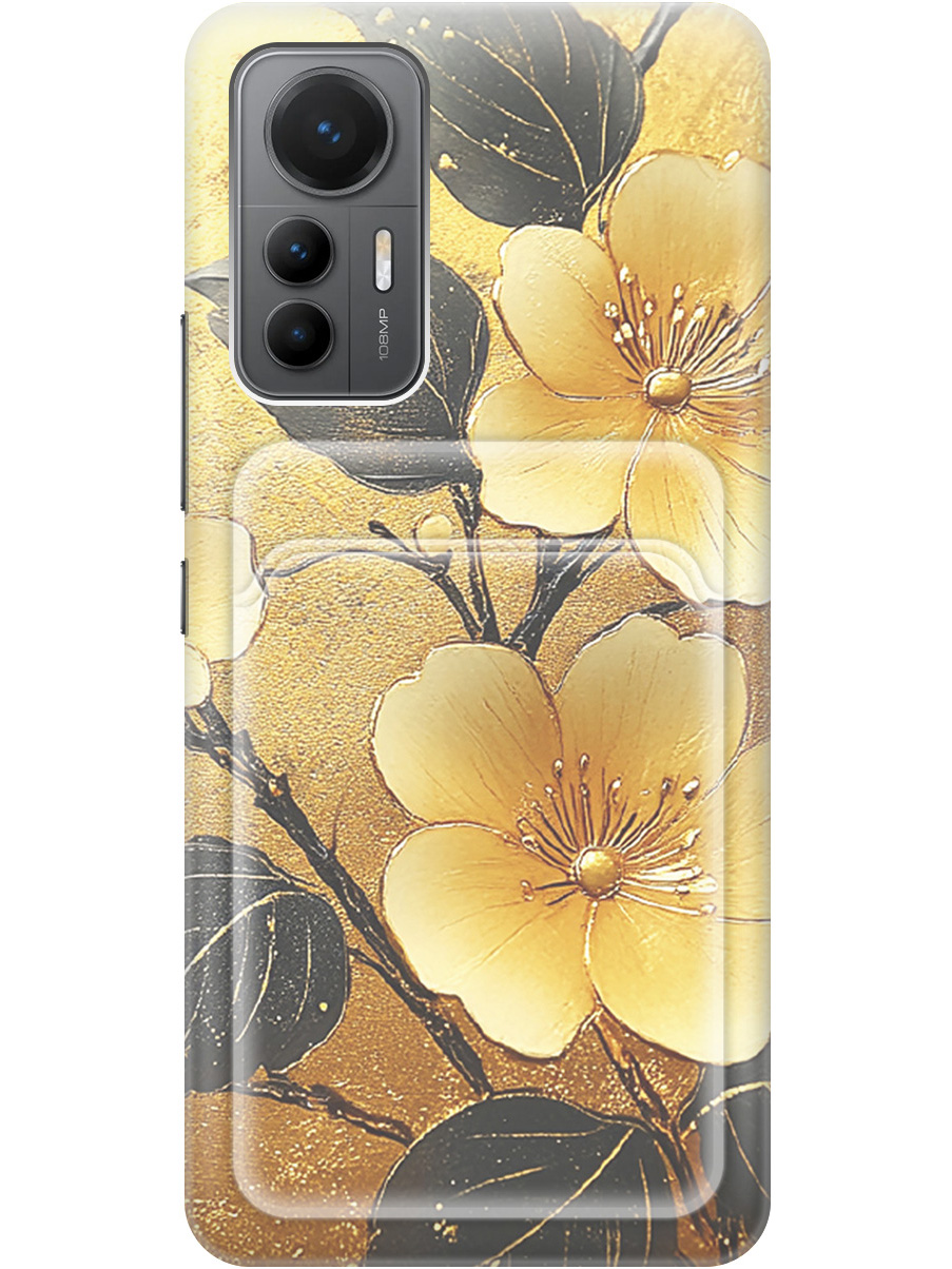 

Силиконовый чехол на Xiaomi 12 Lite с принтом "Цветы и золото" с карманом для карты, Прозрачный;желтый;черный, 740133324