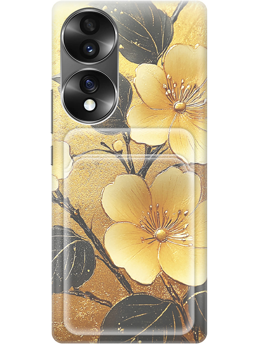 

Силиконовый чехол на Honor 70 с принтом "Цветы и золото" с карманом для карты, Прозрачный;желтый;черный, 740189224