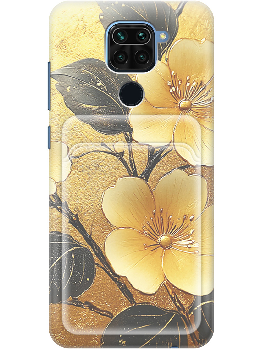 

Силиконовый чехол на Xiaomi Redmi Note 9 с принтом "Цветы и золото" с карманом для карты, Прозрачный;желтый;черный, 723101324