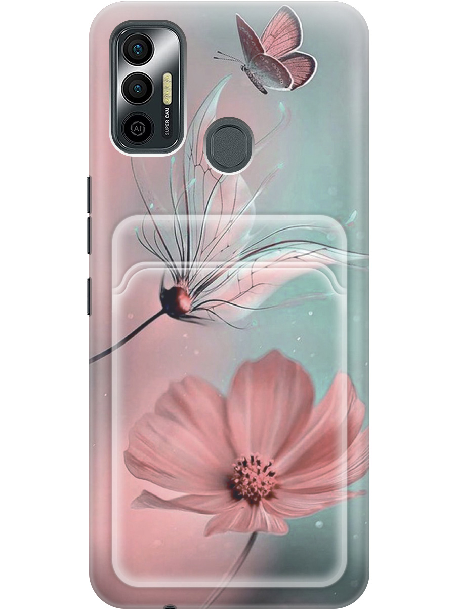 

Силиконовый чехол на Tecno Spark 7 с рисунком "Бабочка и цветы", Голубой;розовый;серый, 20012060