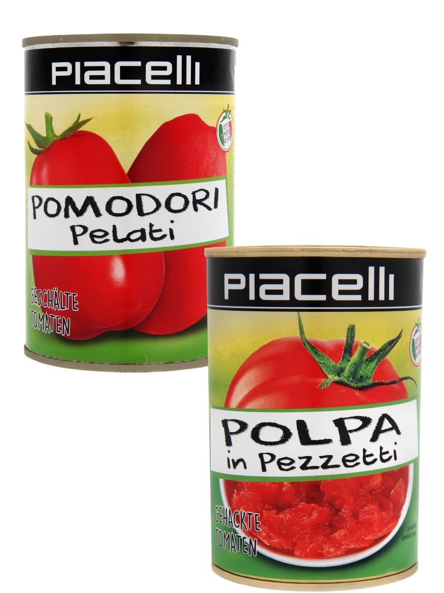 Томаты Piacelli очищенные в томатном соке 400г + томаты резаные 400г