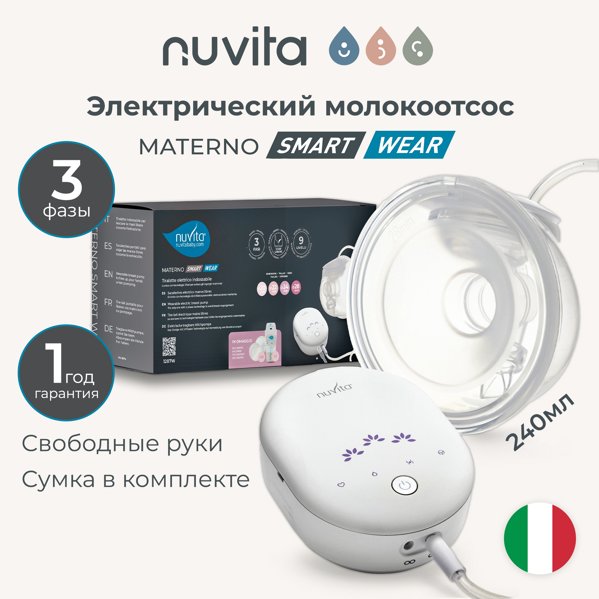 Молокоотсос электрический Nuvita портативный трехфазный Materno Smart Wear 1287W 24490₽