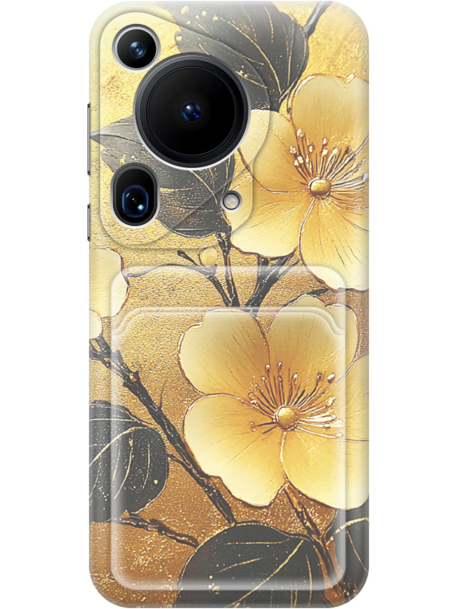 

Силиконовый чехол на Huawei Pura 70 Ultra с принтом "Цветы и золото" с карманом для карты, Прозрачный;желтый;черный, 782625824
