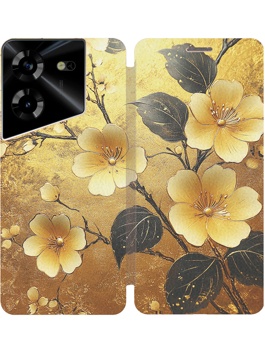 

Чехол-книжка на Tecno Pova 5 с принтом "Цветы и золото" золотой, Золотистый;желтый;черный, 772627524