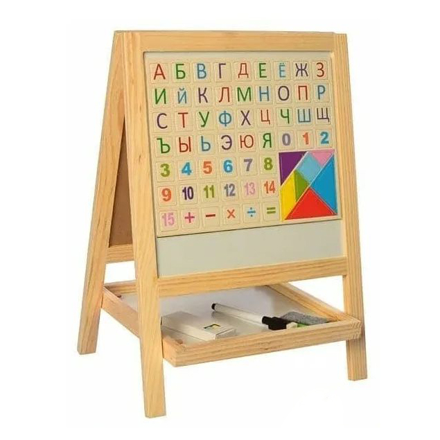 фото Мольберт доска для рисования двухсторонняя с маркером алфавитом и мелками nobrand