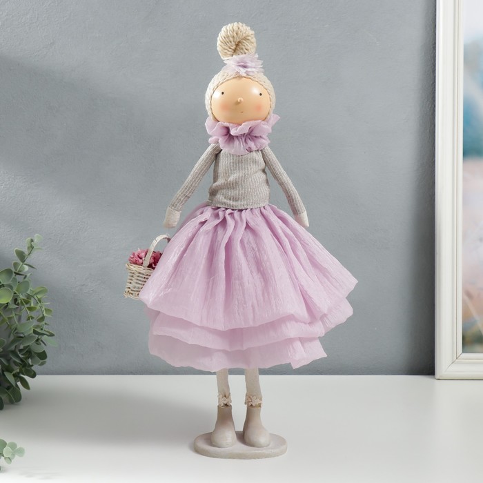 фото Кукла интерьерная "малышка в сиреневом наряде, с корзиной цветов" 45,5х17х19 см nobrand