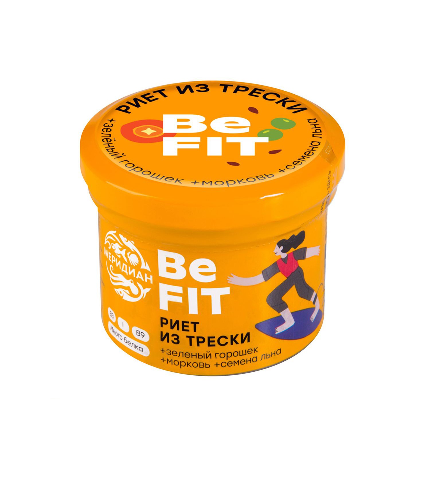 

Риет Меридиан Be Fit из трески, с зелёным горошком, морковью и семенами льна, 100 г