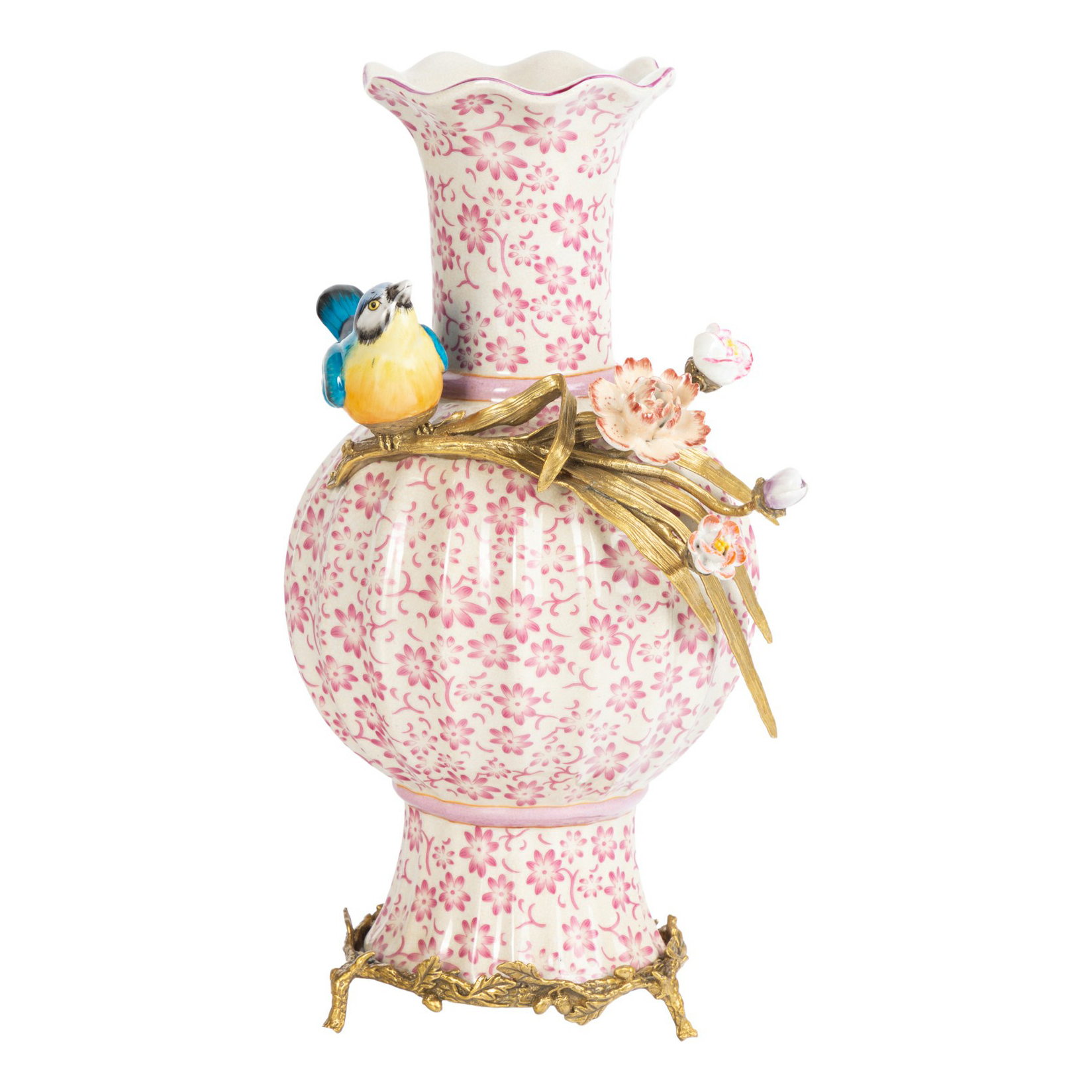 фото Ваза фарфоровая декоративная glasar с птичкой 38 см розовая