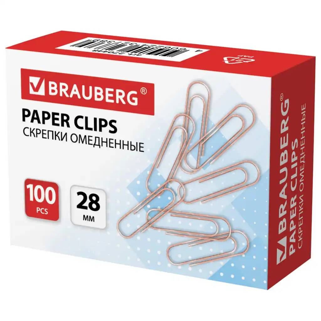 

Скрепки BRAUBERG 28 мм омедненные 100 шт. 20 уп